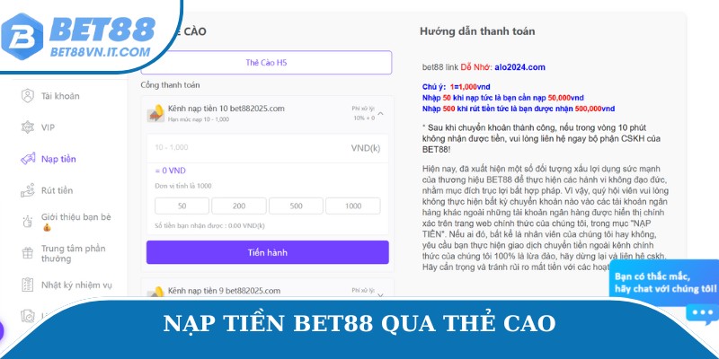 Nạp Tiền Bet88 An Toàn Và Nhanh Chóng Trong 1 Phút Nạp tiền Bet88 qua thẻ cào